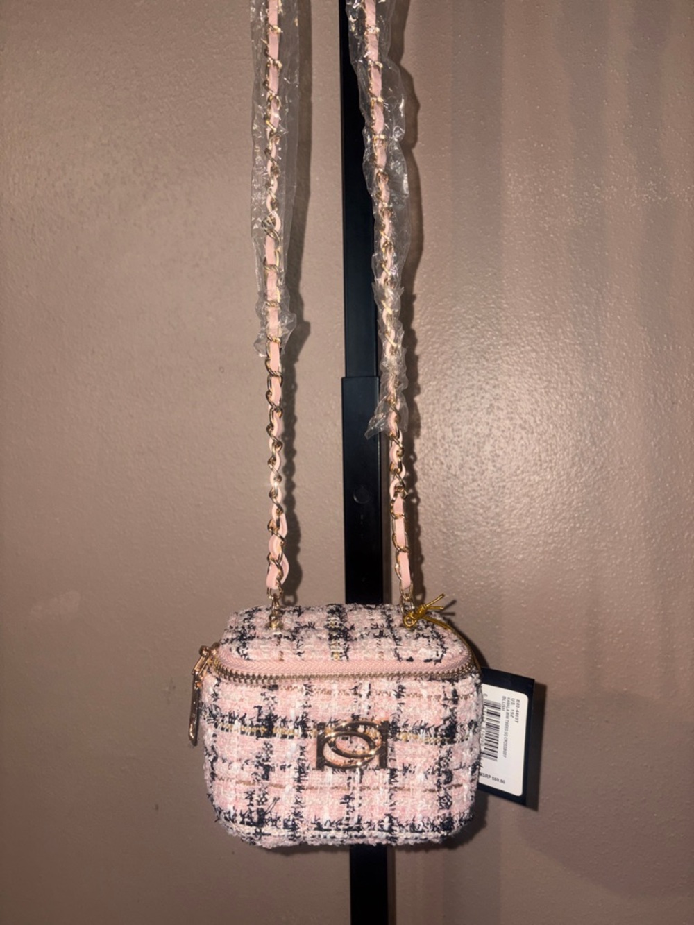 bebe Pink Tweed Mini Crossbody with Gold Chain